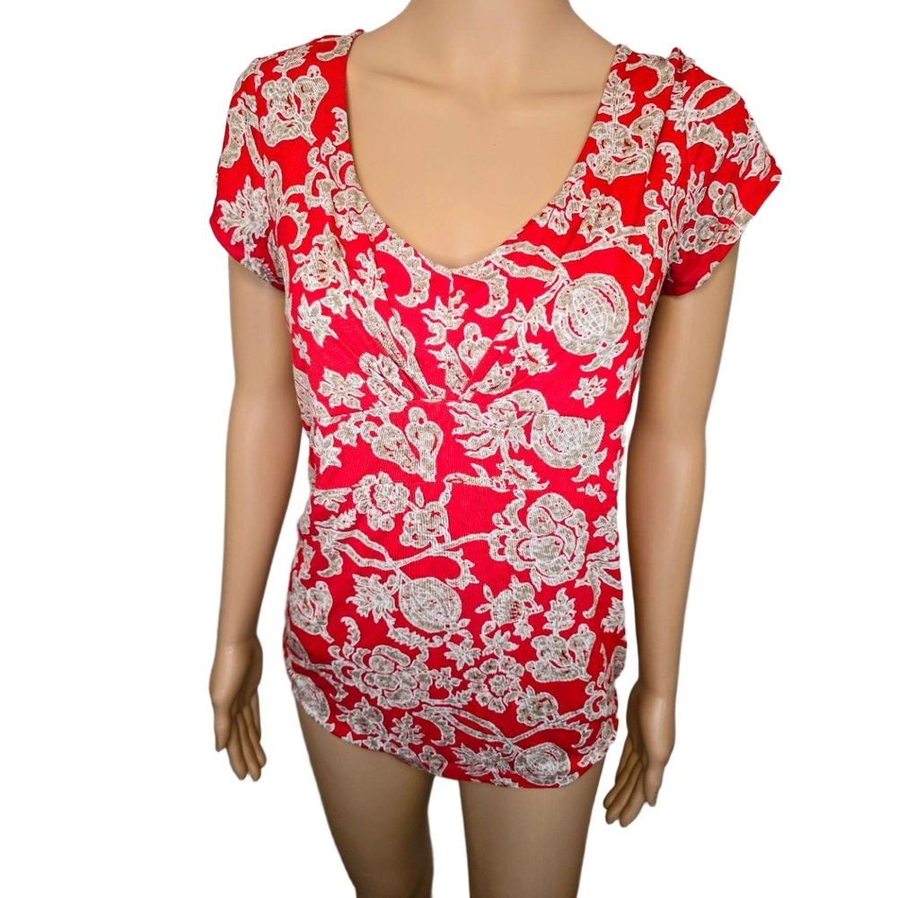 Ann Taylor‎ Orange Red Floral Print V-Neck Short Sleeve Top Size Small